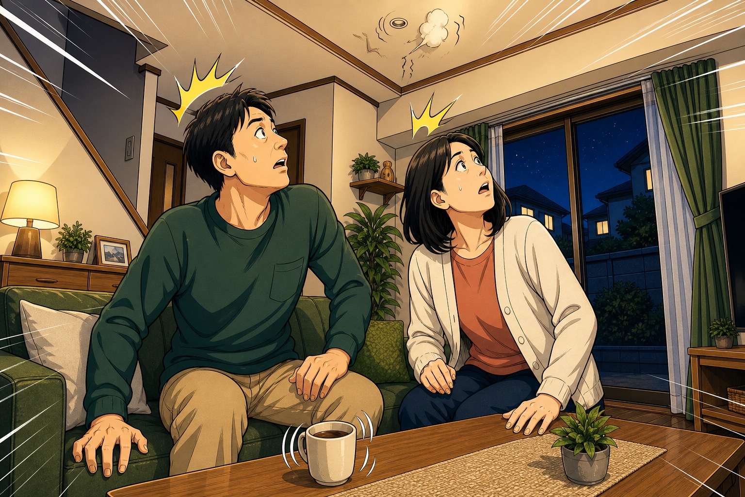夜のリビングで突然の天井の物音に驚き、同時に見上げる夫婦の漫画イラスト