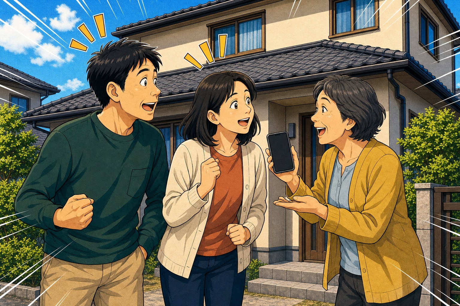 困っている夫婦が自宅前で近所の女性から相談先を紹介され、表情が明るくなる漫画イラスト