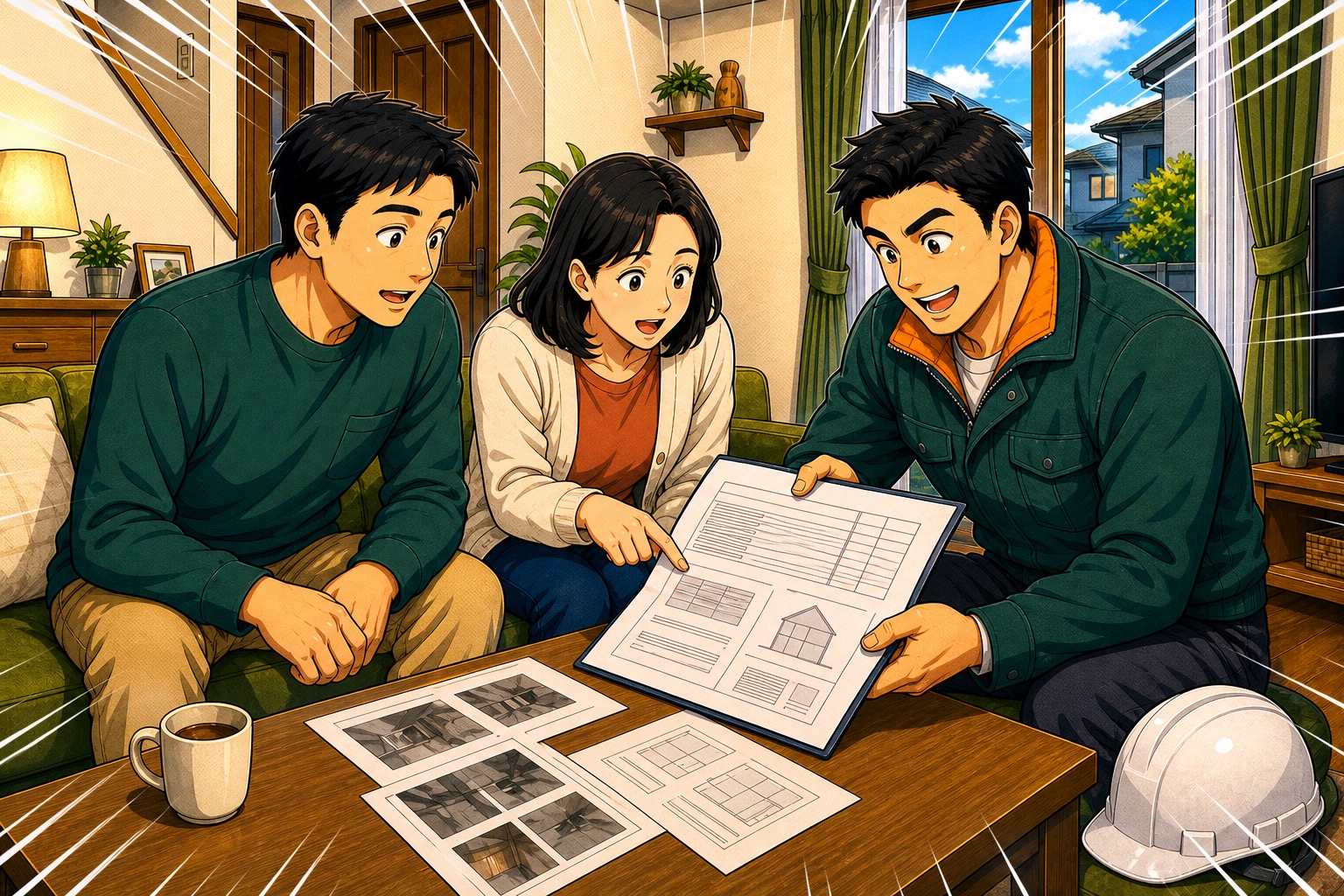 20代後半のスタッフが現地調査の結果と作業内容を記載した見積もりを夫婦へ説明する漫画イラスト