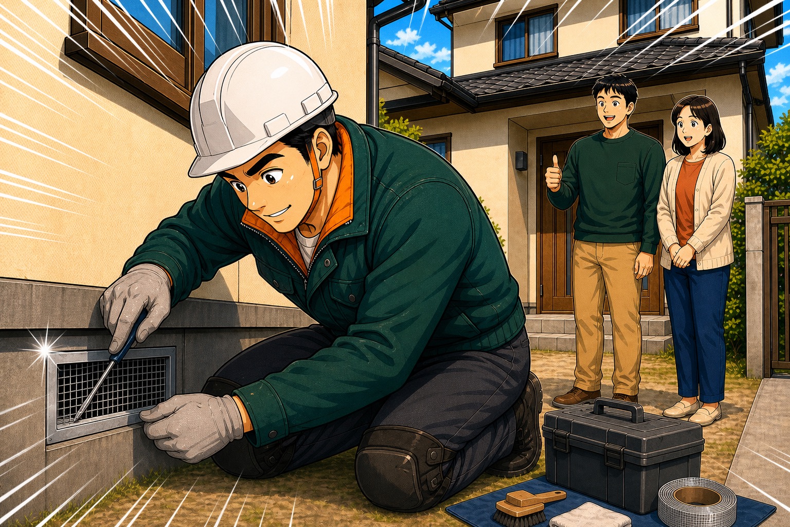 20代後半のがっしりしたスタッフが保護具を着用し、確認した侵入口候補を封鎖する工事の漫画イラスト