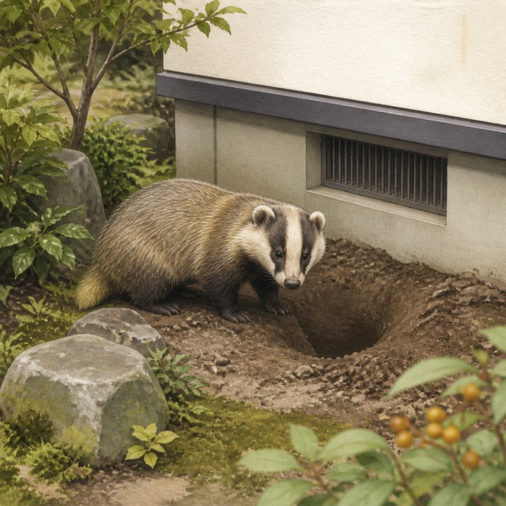 住宅の基礎付近を掘るアナグマのイメージ