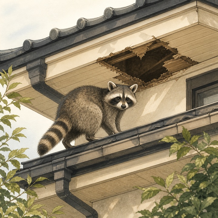 軒天の破損箇所に近づくアライグマのイメージ