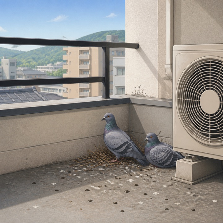 ベランダに止まる鳩と巣材のイメージ