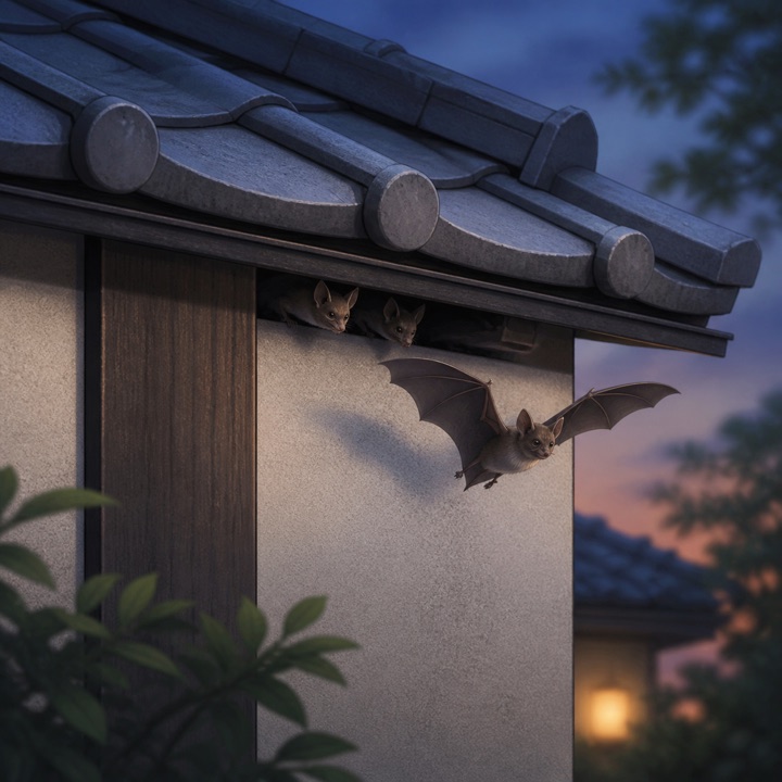夕方に屋根の隙間から出るコウモリのイメージ